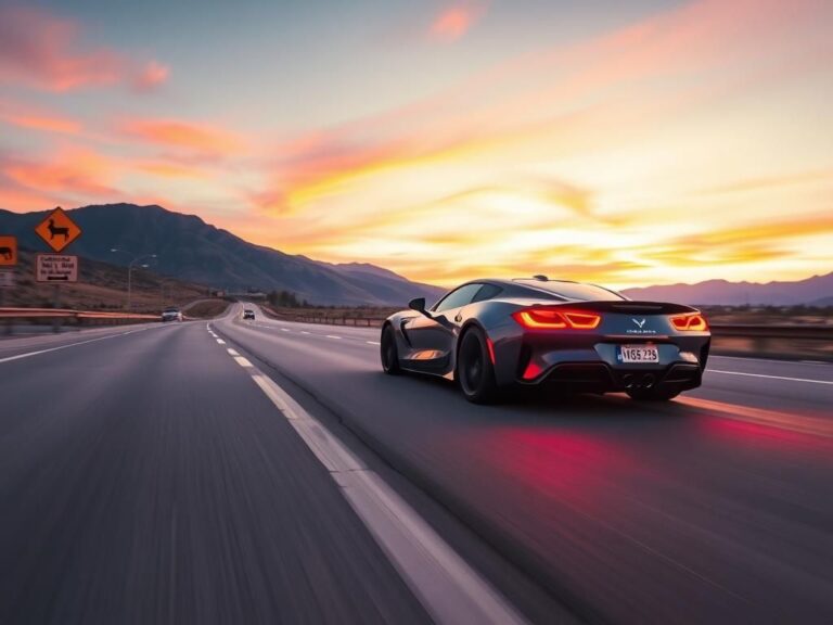 Flick International Sports car speeding down an empty highway at sunset