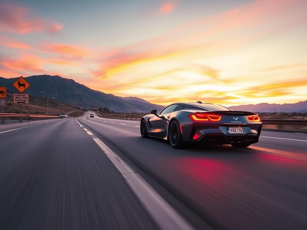 Flick International Sports car speeding down an empty highway at sunset