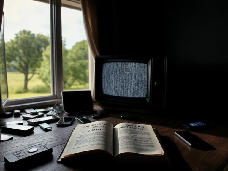 Flick International A dark room with a vintage television and scattered digital devices symbolizing technology's overwhelming presence