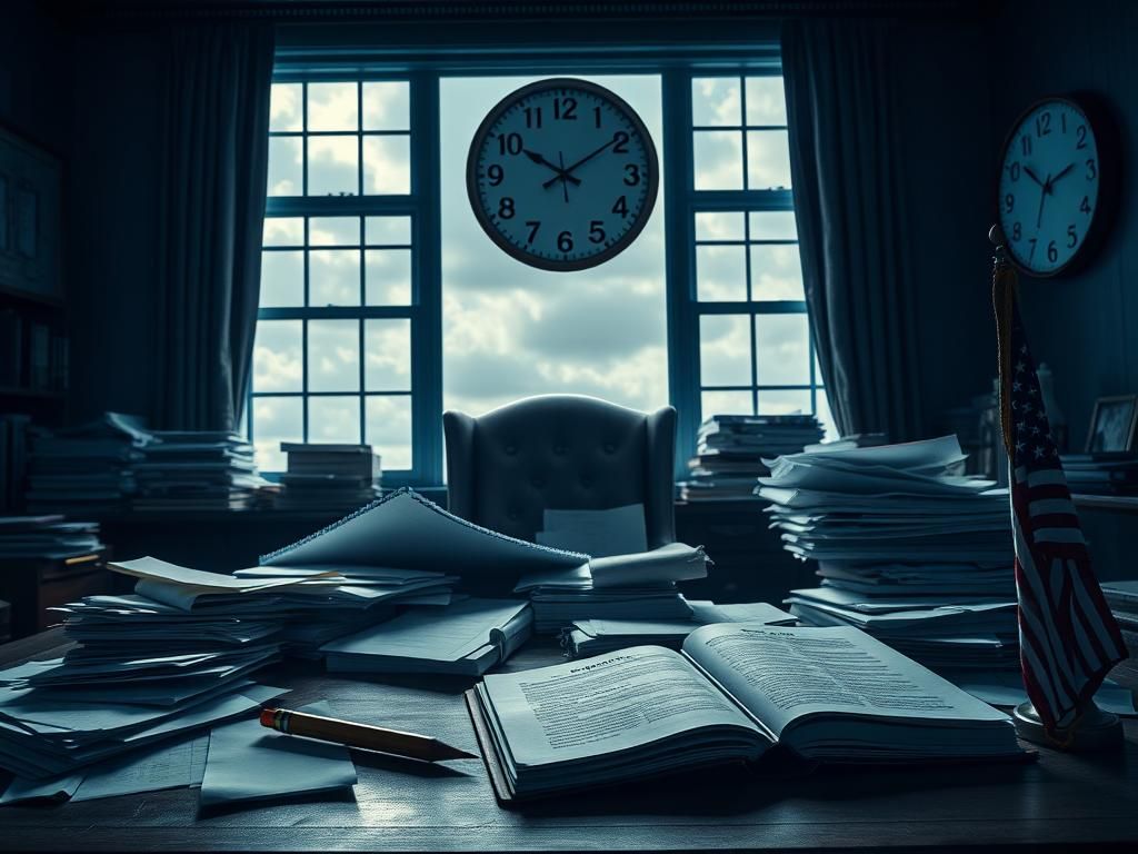 Flick International Dimly lit congressional office cluttered with Epstein documents and a clock signifying urgency