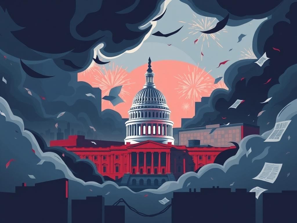 Flick International Abstract representation of the U.S. Capitol surrounded by swirling clouds symbolizing political debate