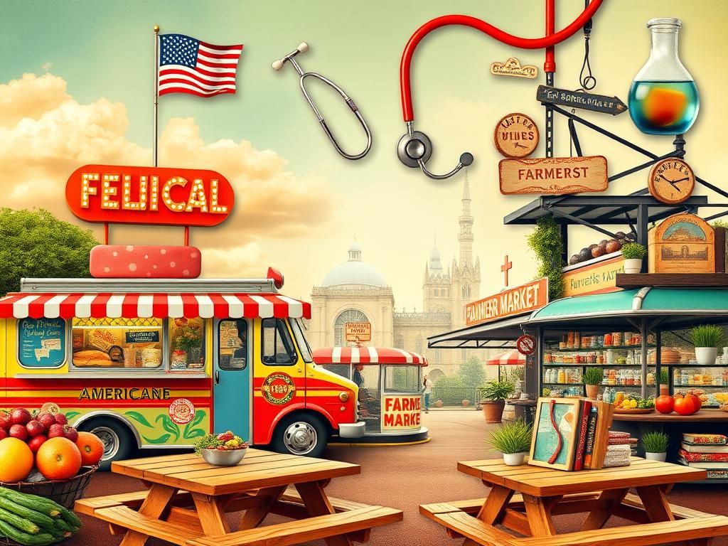 Flick International A vibrant collage showcasing iconic American food attractions alongside significant medical milestones.