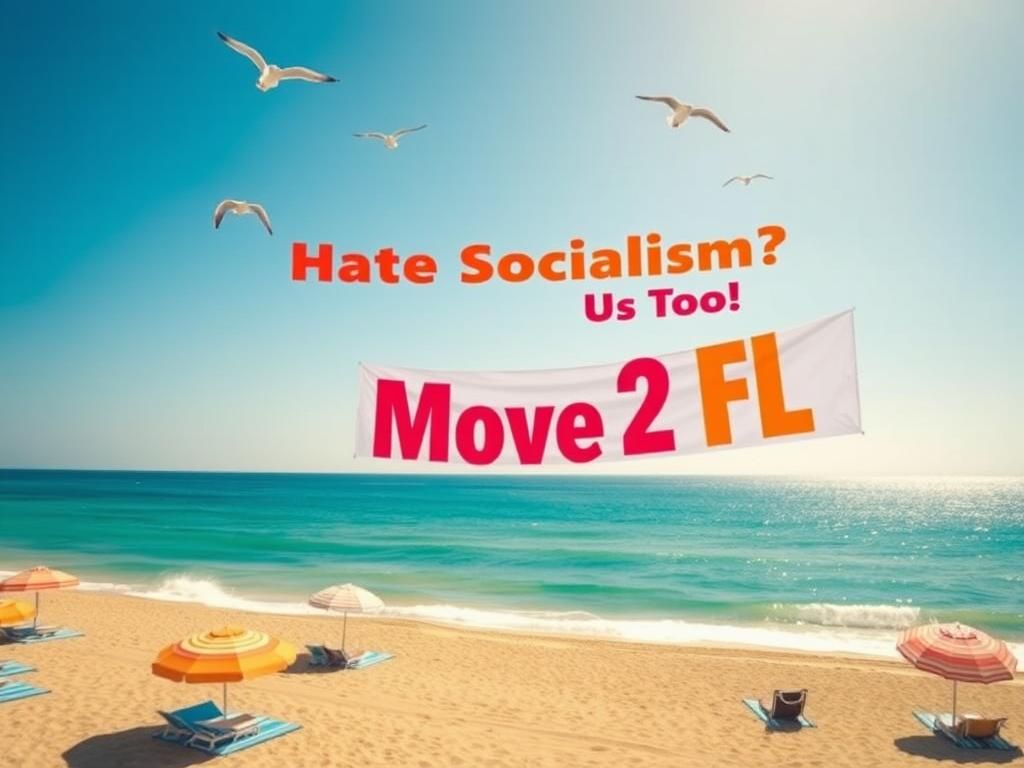 Flick International Aerial view of a beach with colorful umbrellas and a political banner over the shore