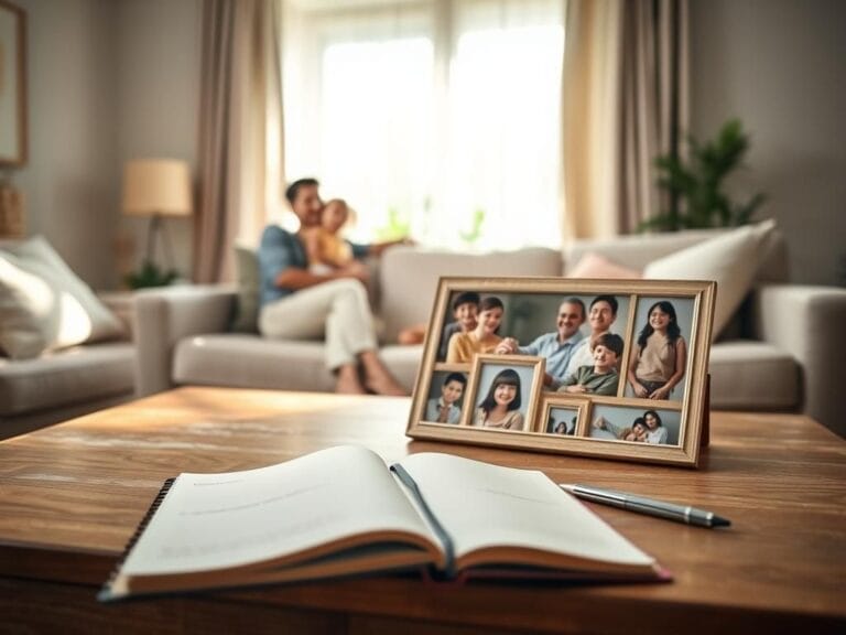 Flick International Family photo collage displayed on a coffee table in a cozy living room