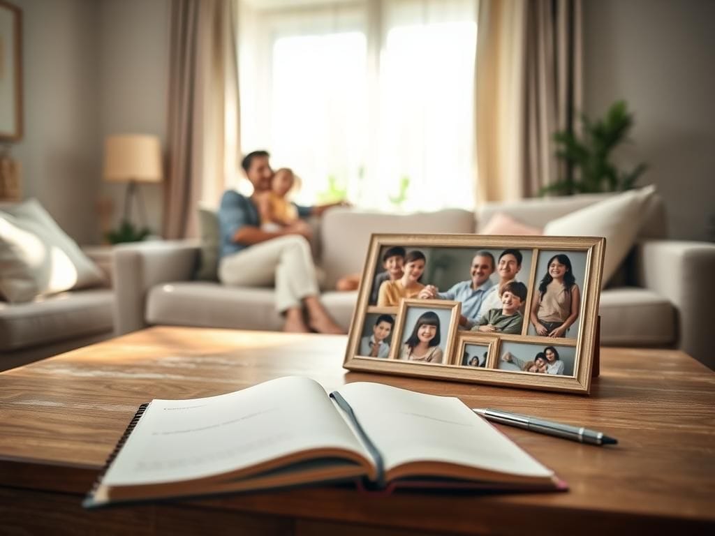 Flick International Family photo collage displayed on a coffee table in a cozy living room