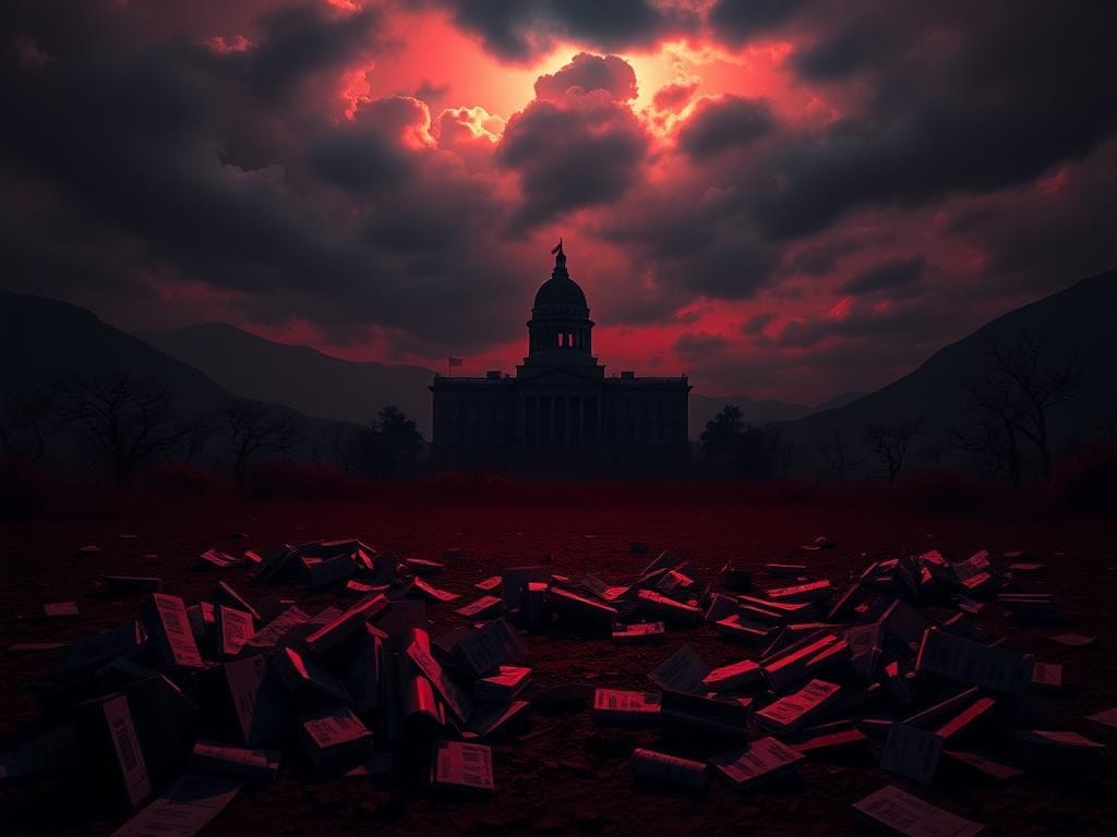 Flick International Dark landscape symbolizing Venezuela's political turmoil with crumbling government building and scattered ballots