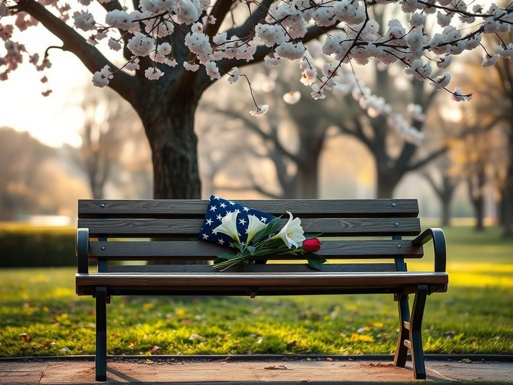 Flick International A serene park scene in Washington D.C. featuring a wooden bench, an American flag, and flowers honoring Eric Tarpinian-Jachym.