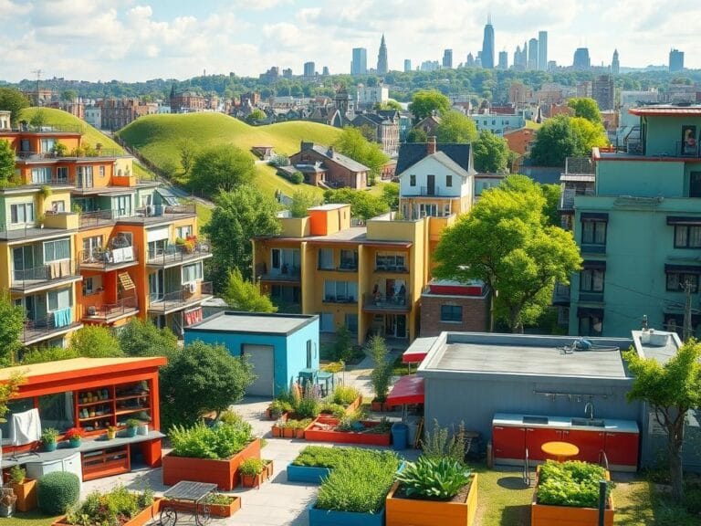 Flick International Conceptual urban scene depicting a vibrant communal living environment with eco-friendly kitchens and shared spaces