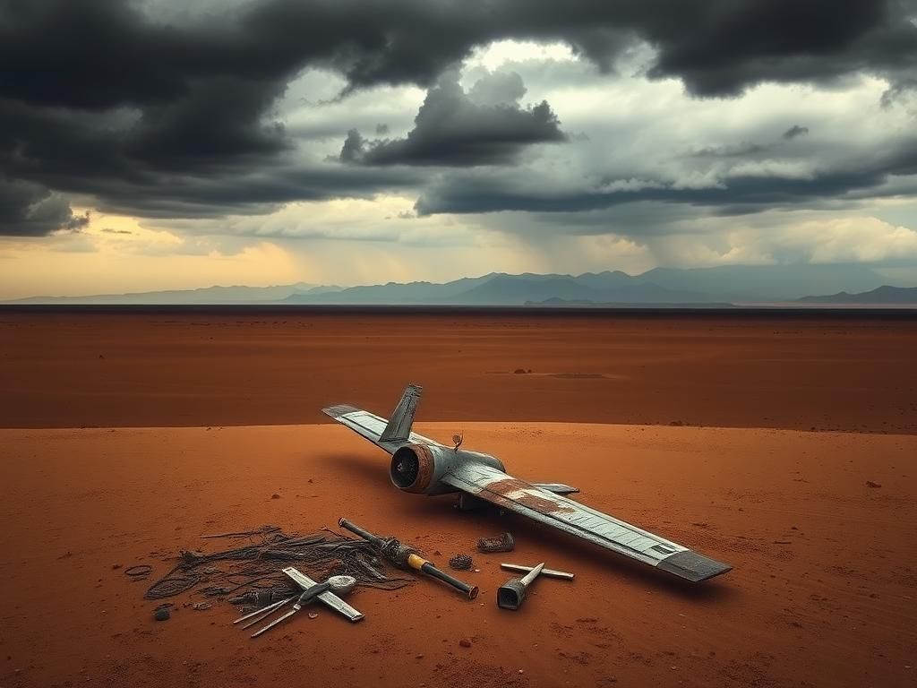 Flick International Abandoned military drone in a vast African desert under a brooding sky