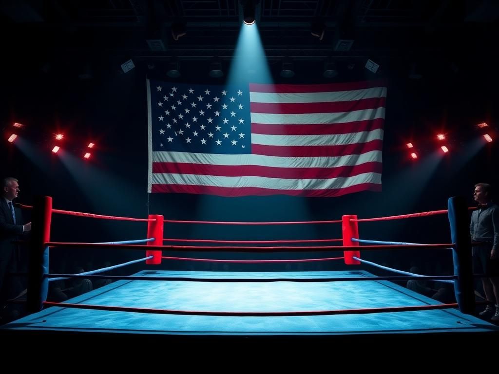 Flick International Boxing ring symbolizing political competition with red and blue ropes and a faded American flag in the background