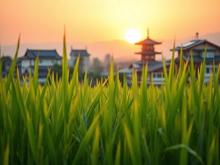 Flick International A serene view of traditional Japanese rice fields under a golden sunset, symbolizing food security.