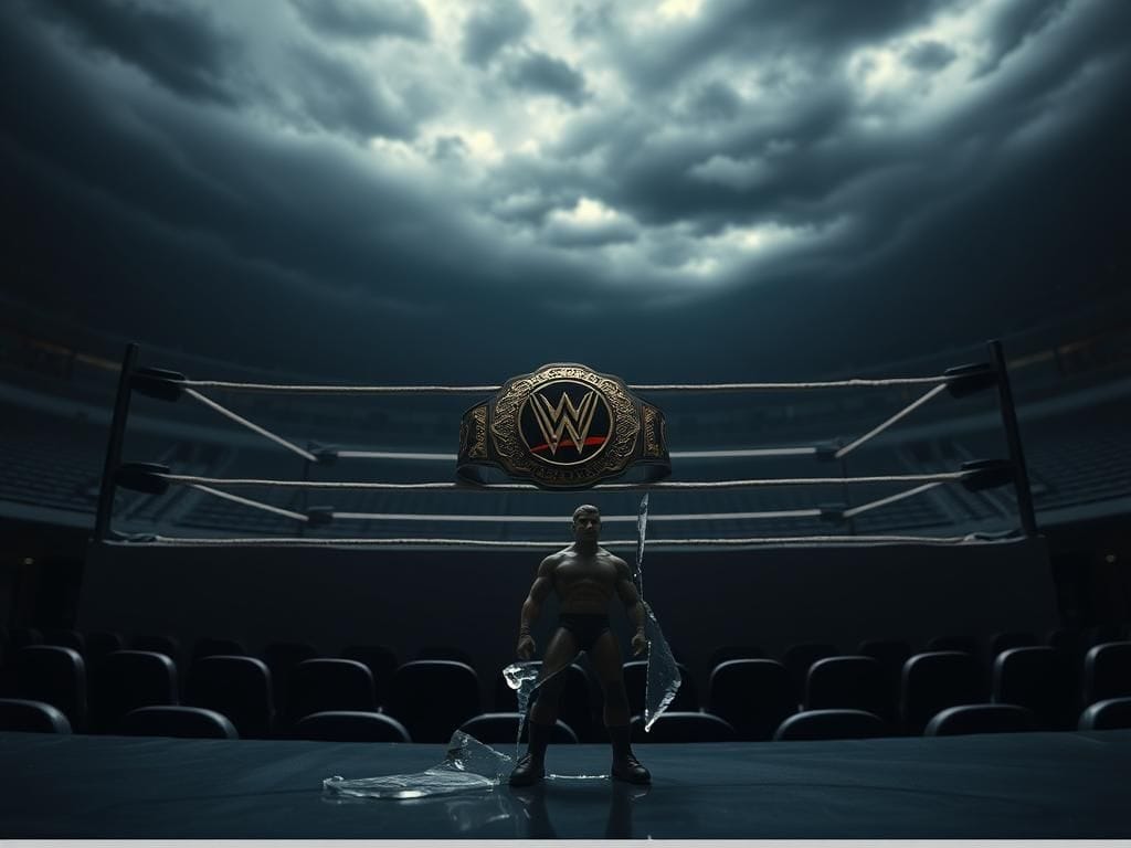 Flick International A dimly lit wrestling ring with a vintage championship belt amidst a stormy backdrop.