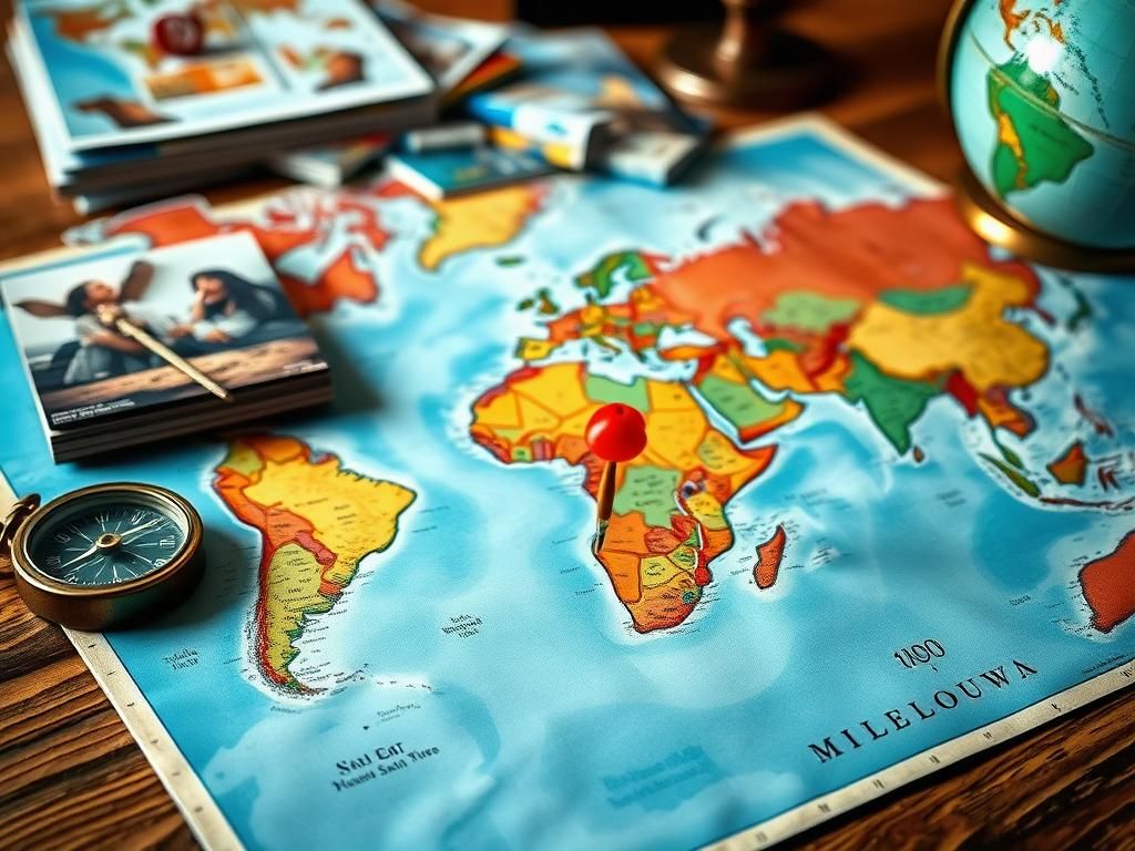 Flick International Close-up of a colorful vintage world map with a dart embedded, showcasing travel destinations