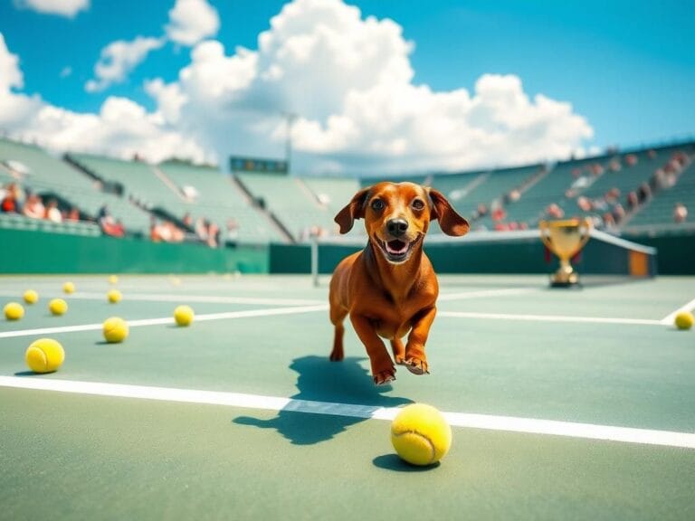 Flick International Playful dachshund named Bella joyfully running across a tennis court after Anna Kalinskaya's victory