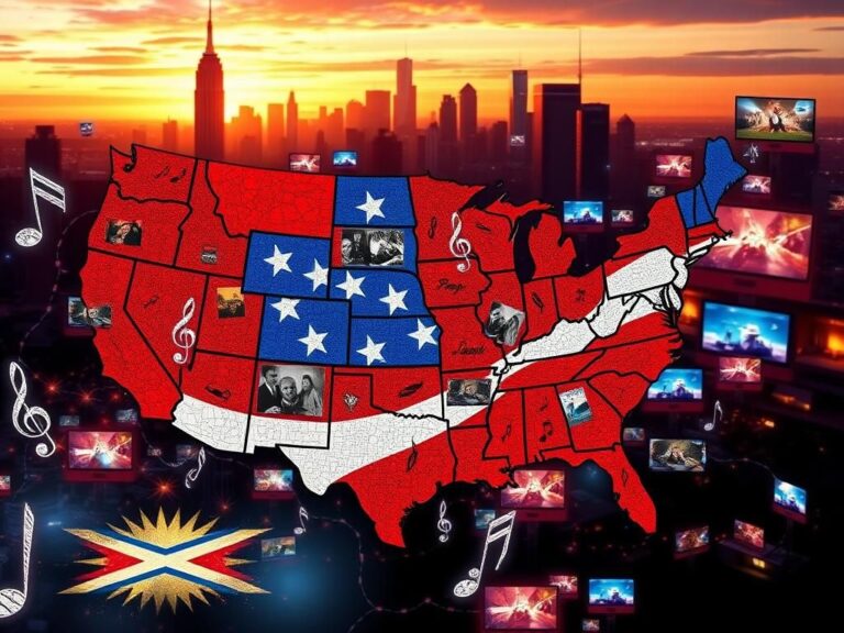 Flick International Abstract depiction of a vibrant American landscape featuring a red, white, and blue map intertwined with cultural symbols.