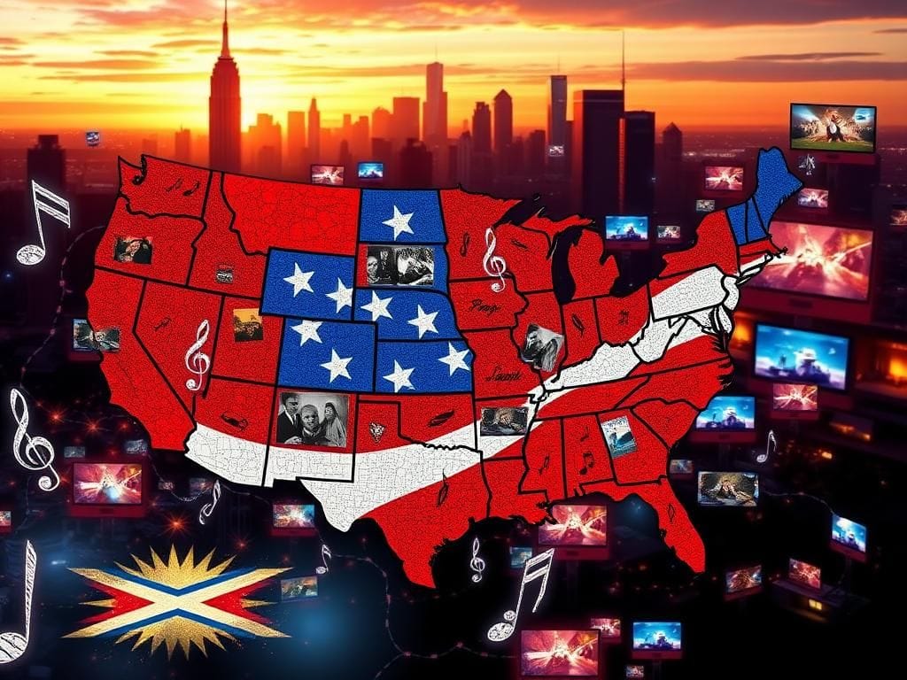 Flick International Abstract depiction of a vibrant American landscape featuring a red, white, and blue map intertwined with cultural symbols.