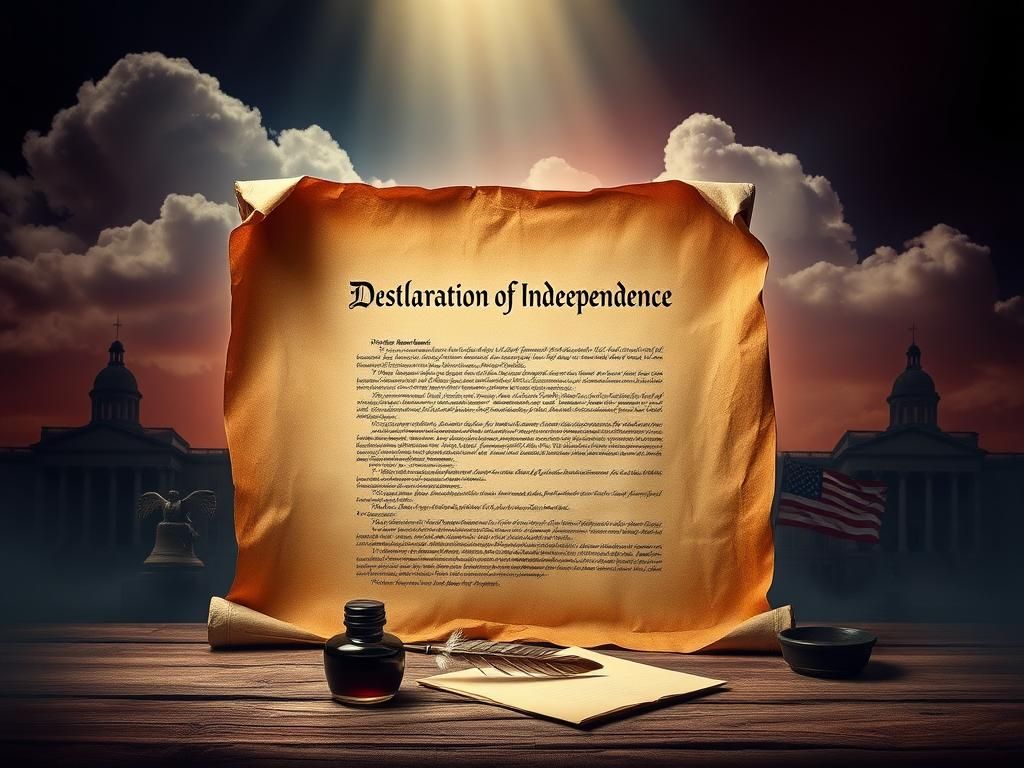 Flick International A weathered parchment displaying the Declaration of Independence with faded American symbols in the background.