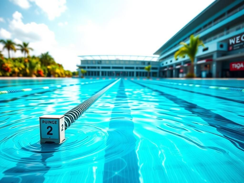 Flick International A young swimmer preparing for a race in a bright aquamarine pool surrounded by tropical greenery