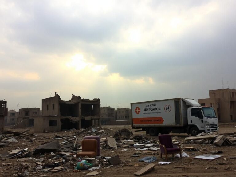Flick International Somber landscape of Gaza showing a dilapidated building and humanitarian aid efforts