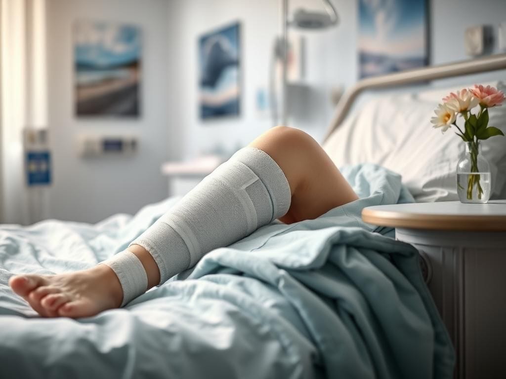 Flick International Close-up of a bandaged knee resting on a hospital bed, showcasing the supportive brace in serene lighting