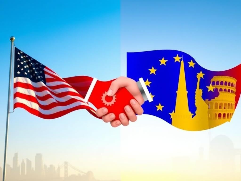Flick International Stylized American flag and European Union flag representing trade agreement