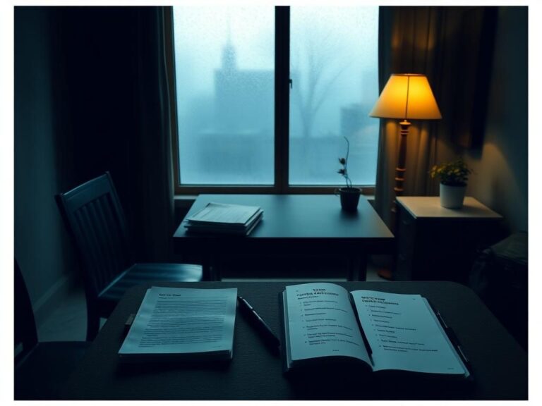 Flick International Dimly lit police interrogation room with shadows, symbolizing victim advocacy and dialogue