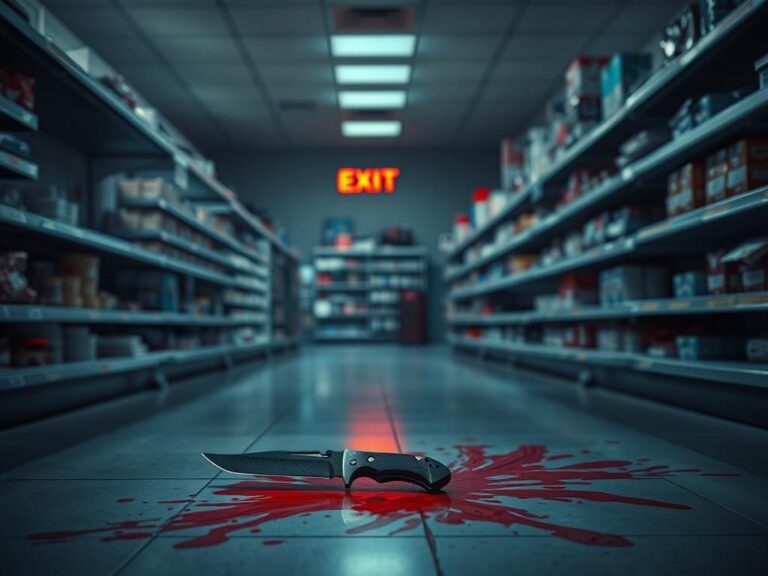 Flick International A dimly lit Walmart aisle showcasing chaos with a folding knife on the floor and splatters of red paint.