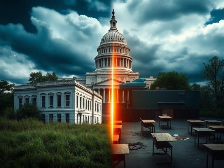 Flick International Stylized U.S. Capitol building obscured by stormy clouds with empty hospital buildings and an abandoned classroom in the foreground