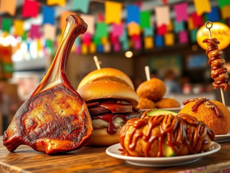 Flick International A vibrant display of Iowa State Fair foods including Pork Chop on a Stick and deep-fried treats.