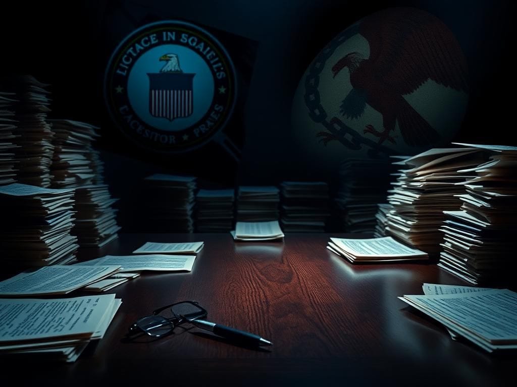 Flick International A dramatic darkened room filled with classified documents and an eagle symbolizing the CIA