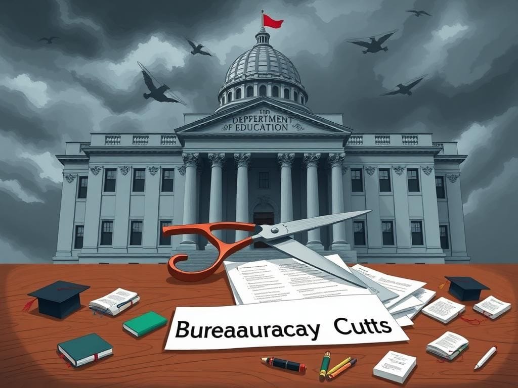 Flick International Conceptual illustration of a large federal building representing the Department of Education with stormy skies and oversized scissors poised over paperwork.