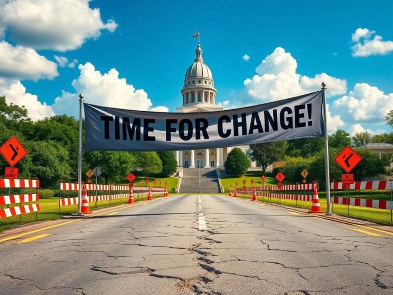 Flick International South Carolina Statehouse with cracked road and construction signs, symbolizing infrastructure repair
