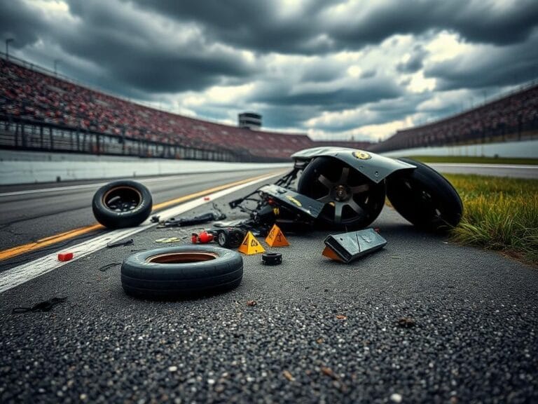 Flick International Shattered race car bumper and tire debris scattered on a racetrack after a violent crash during a NASCAR race at Indianapolis Motor Speedway