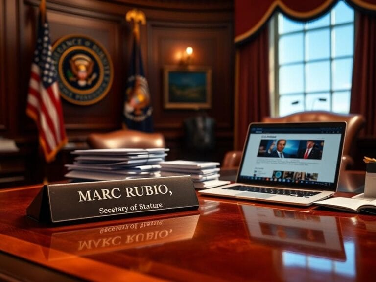 Flick International A dignified office setting with Marco Rubio's nameplate and American flag