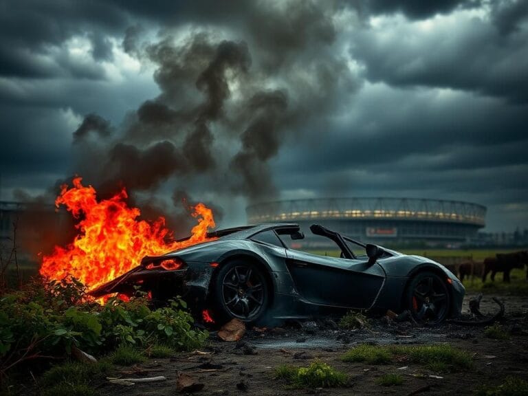 Flick International Burning wreckage of a Lamborghini symbolizing tragedy and loss