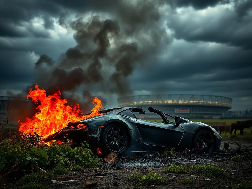Flick International Burning wreckage of a Lamborghini symbolizing tragedy and loss