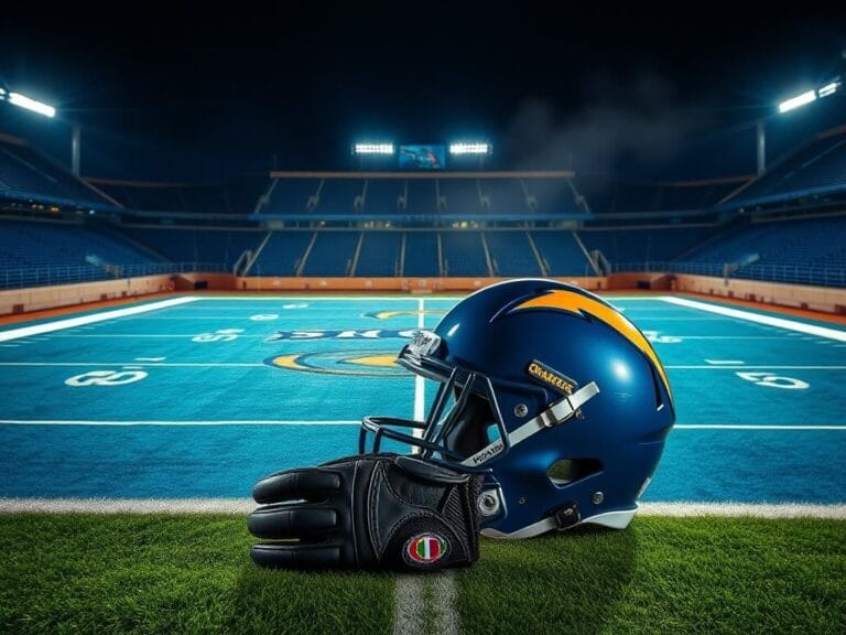 Flick International Aerial view of an illuminated football stadium showcasing the Chargers' colors