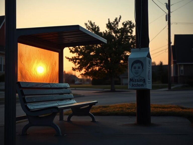 Flick International An empty school bus stop illuminated by a setting sun, symbolizing the loss of a missing child.