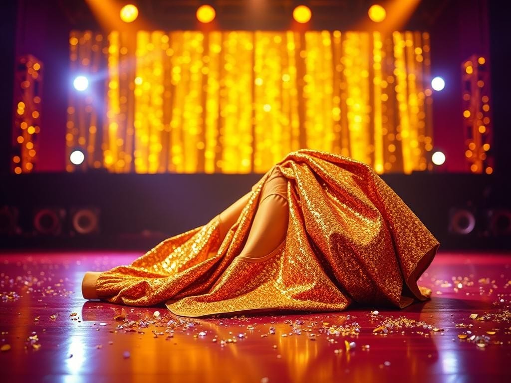 Flick International Gold sequined skirt and matching underwear on stage after wardrobe malfunction