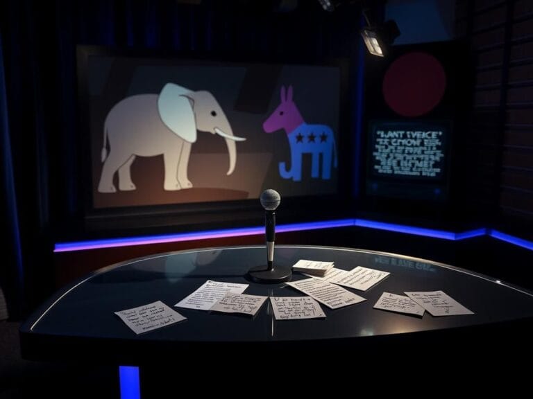 Flick International A darkened late-night television studio scene with an empty microphone and modern desk under soft spotlighting