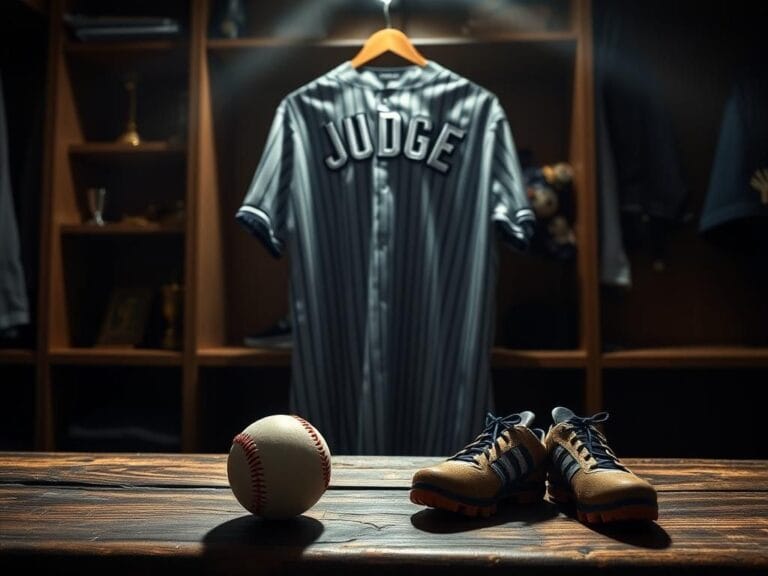 Flick International New York Yankees baseball jersey with 'Judge' on the back hanging in a locker