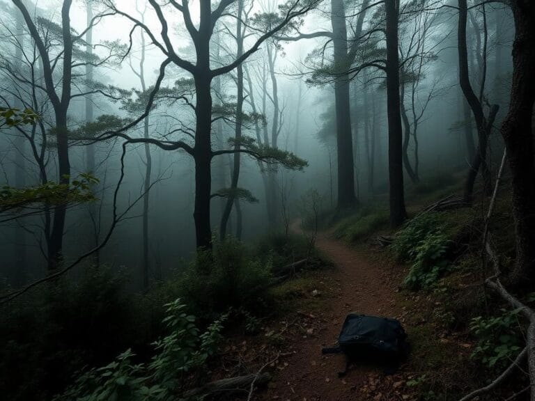 Flick International A serene forest scene in Devil's Den State Park, Arkansas, showcasing a winding hiking trail and an abandoned backpack.