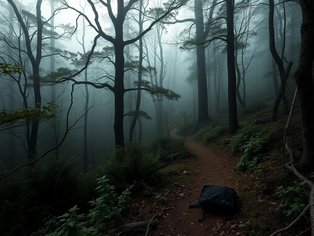 Flick International A serene forest scene in Devil's Den State Park, Arkansas, showcasing a winding hiking trail and an abandoned backpack.
