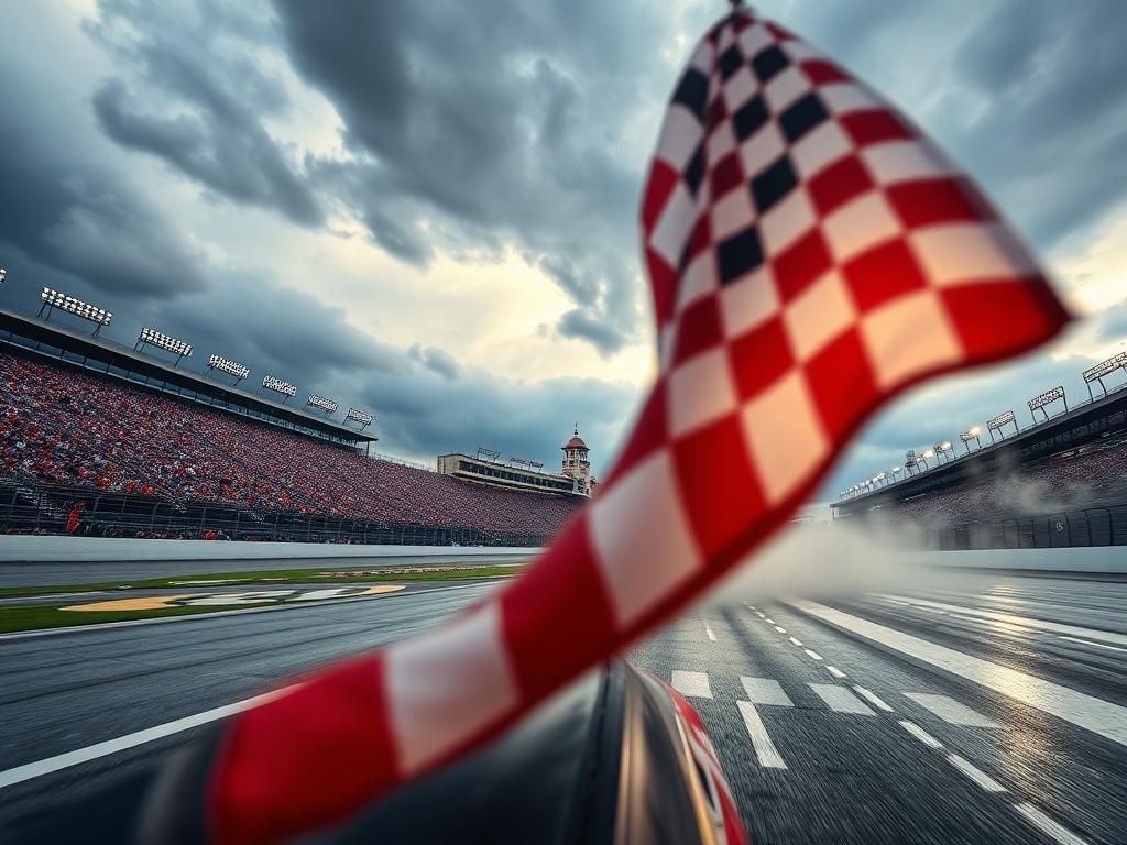 Flick International A close-up of a NASCAR race car crossing the finish line at the Brickyard 400 with a checkered flag in the foreground.