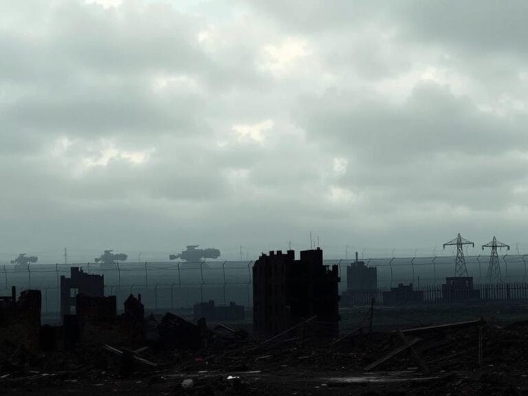 Flick International Somber cityscape in ruins depicting the aftermath of conflict