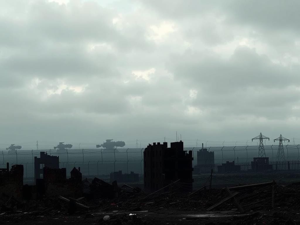 Flick International Somber cityscape in ruins depicting the aftermath of conflict