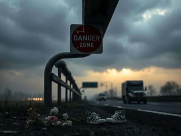 Flick International Cracked highway sign with blurred vehicles in a foggy background