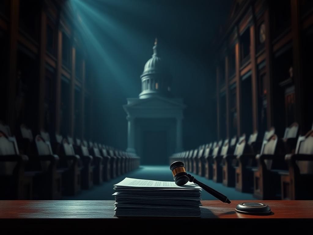 Flick International Dramatic courtroom scene with documents and a gavel symbolizing Russiagate allegations