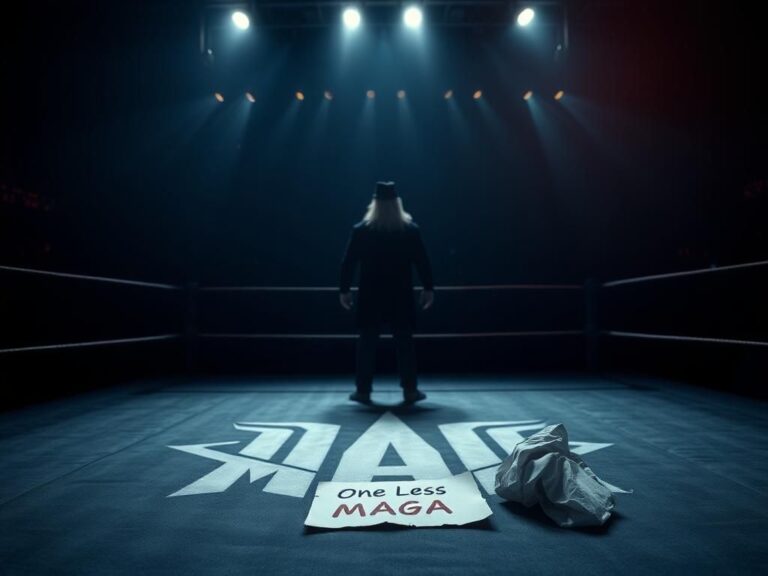 Flick International Empty wrestling ring illuminated in dim lighting with a faded logo, symbolizing the end of an era