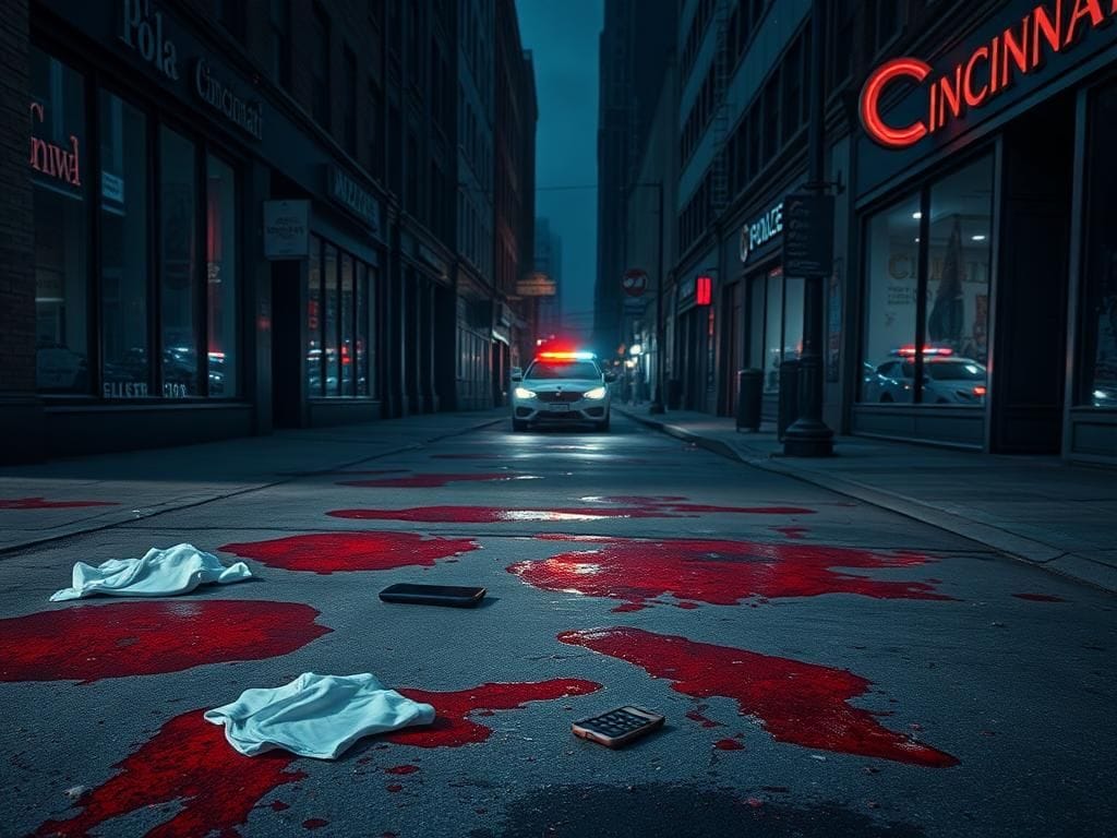 Flick International Bloodied pavement in downtown Cincinnati after a violent brawl